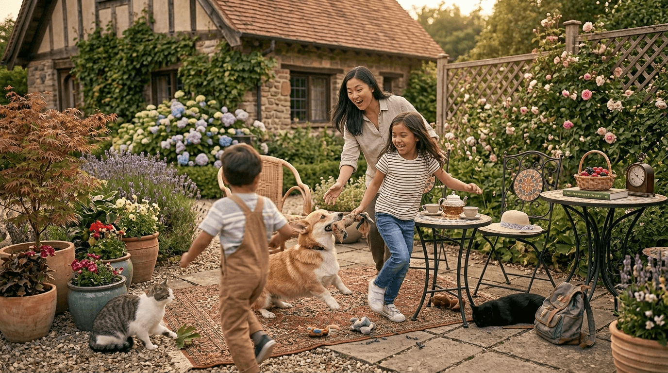Outdoor foster family playing with animals awaiting adoption