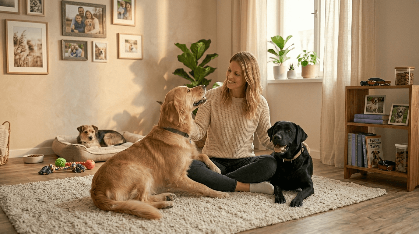 Foster family at home with an animal awaiting adoption